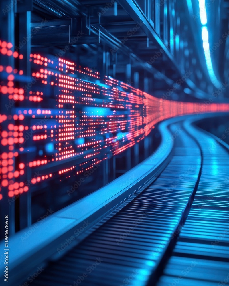 Poster a vibrant, illuminated pathway of data streams flows along a sleek surface, showcasing a futuristic 