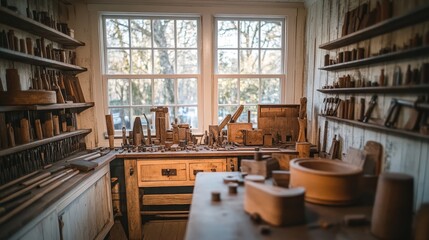 A Rustic Woodworking Workshop with Tools and Materials