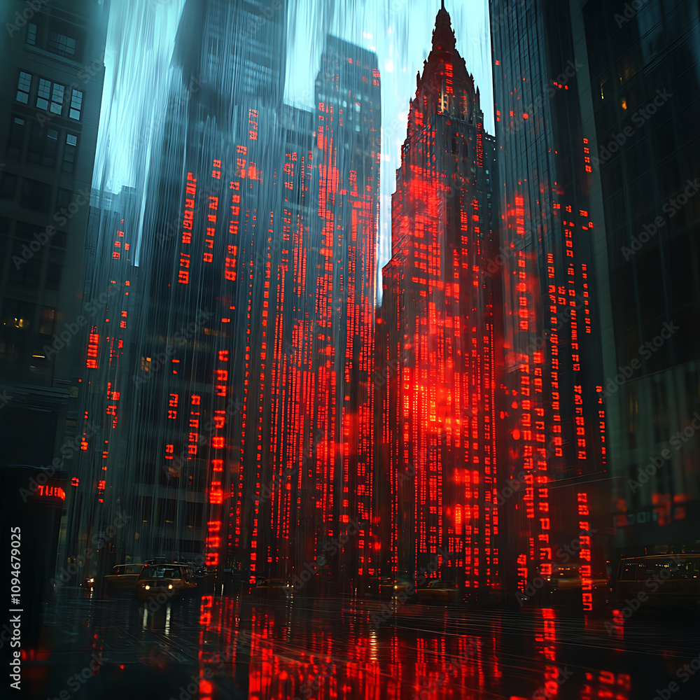 Poster futuristic cityscape featuring tall buildings with red digital data streams cascading down, creating