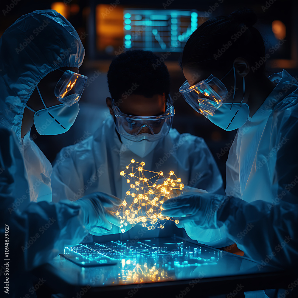 Poster diverse scientists in protective gear collaborating on glowing 3d model, showcasing innovation and t