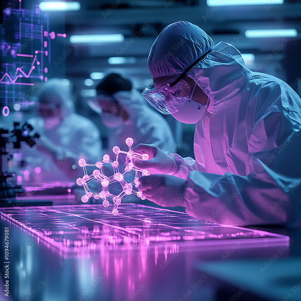Poster diverse scientists in protective gear examining glowing molecular structure in high tech laboratory.