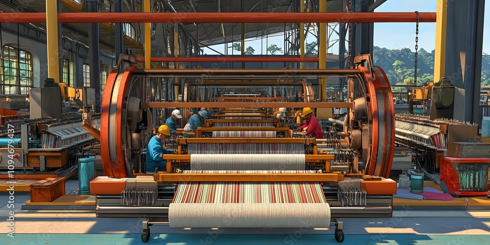 Aufkleber a textile factory with workers operating large weaving machines for fabric production.