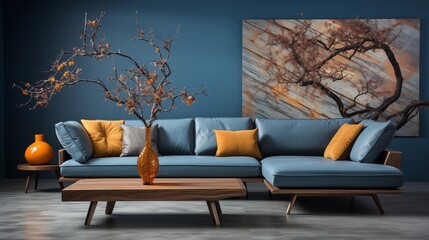 A minimalist living room with a blue corner sofa and a coffee table, complemented by a striking tree cross-section wall decor.