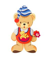 Cute cartoon teddy with flowers. Hand paint