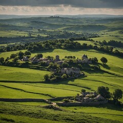 A sweeping view of the countryside, with rolling green hills, small cottages, and a distant castle.