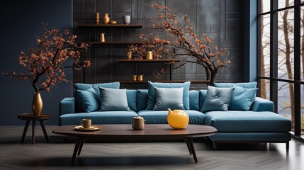 A striking minimalist living room with a blue corner sofa and a wooden coffee table, set against a tree cross-section wall for a natural touch.