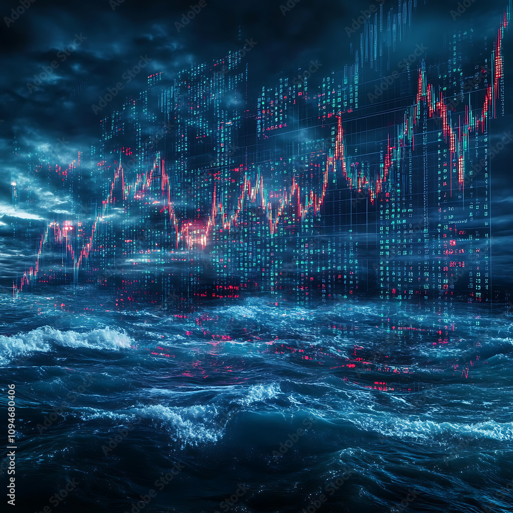 Poster shattered stock market graphs float in stormy sea, symbolizing volatility and uncertainty in financi