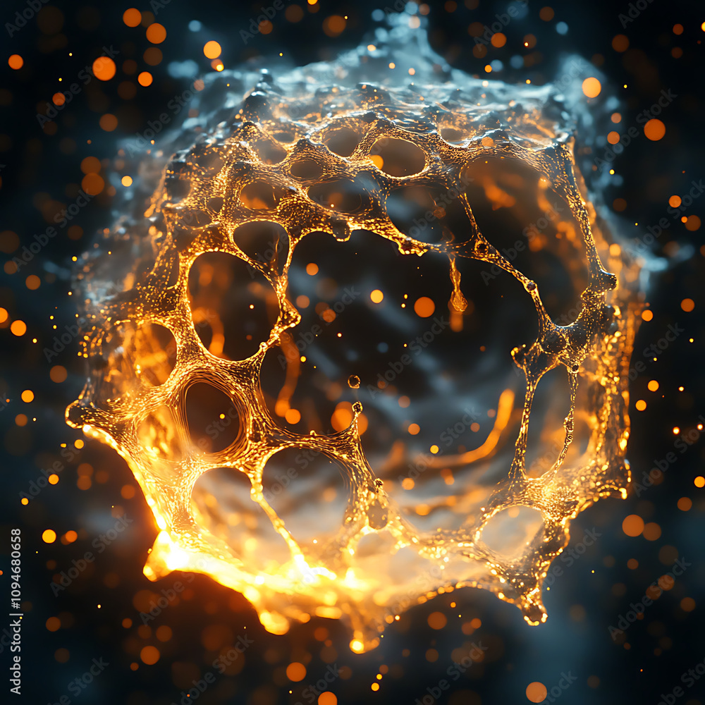 Poster stunning visualization of drug metabolism, showcasing glowing, bubble like structure surrounded by s