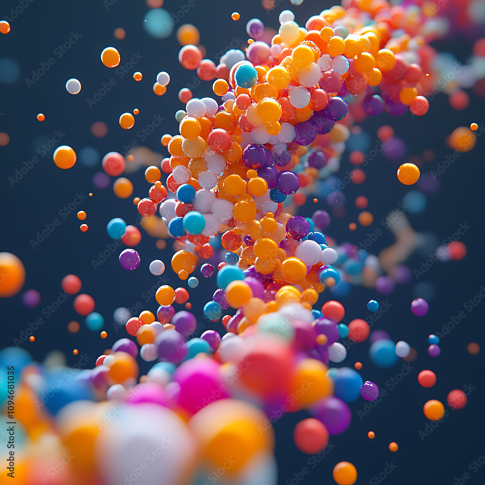Poster colorful spheres swirl together in dynamic, vibrant display, creating sense of movement and energy. 