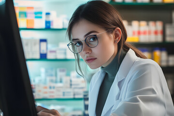 Fototapeta premium Young caucasian female chemist pharmacist druggist working on computer, looking at screen searching drugs, medicines, pills for customers in drugstore pharmacy