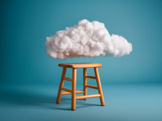 Cloud resting on wooden stool in minimalistic setting