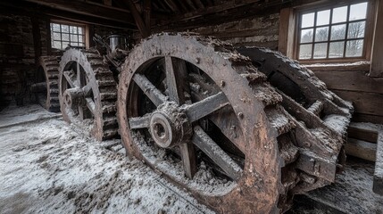 Obraz premium Rusty Cogwheels and Gear System in an Abandoned Mill
