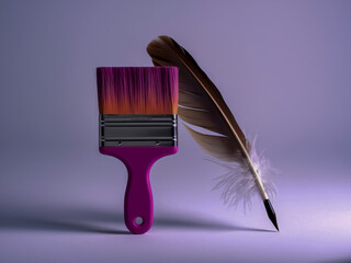 Paintbrush and feather pen on purple background
