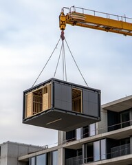 A crane lifts a modular building unit, showcasing modern construction techniques against a backdrop of an urban skyline.