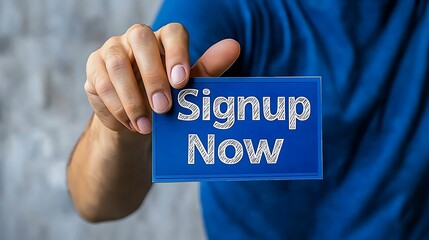 Register signup. A person holds a blue sign that reads "Sign up Now," encouraging immediate action or registration.