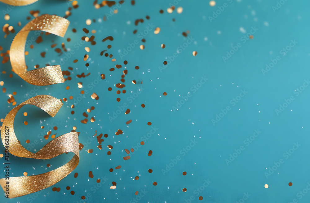 Poster close up on group of gold color of rolling ribbon and confetti on teal background with copy space fo