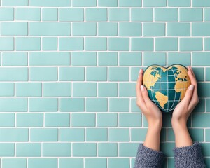 Hands Holding Heart Shaped Globe on Teal Tile Background