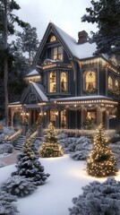 Victorian-style houses sparkle with lights as festive crowds fill snow-covered streets during the enchanting twilight of the holiday season