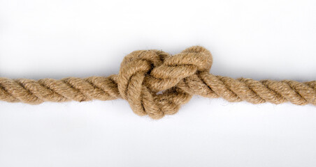 jute rope with knot on white background, thick jute rope,
