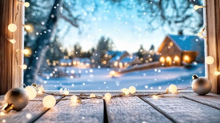 Fototapeta premium Snowfall peacefully covers the winter landscape viewed through a cozy, decorated window