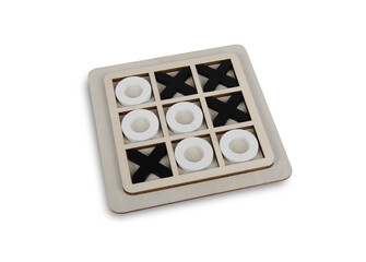 A wooden game set of noughts and crosses on a black background, tic-tac-toe