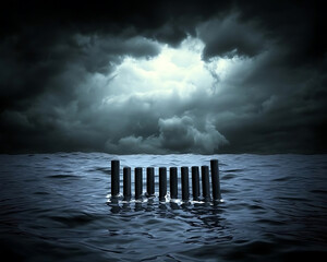 Market breakout signals. dramatic scene featuring rising bar graphs emerging from dark waters under stormy sky, symbolizing growth and resilience amidst challenges