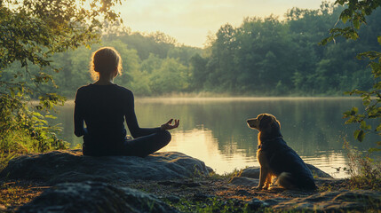 A person meditating with their dog nearby, feeling calm and connected to nature.