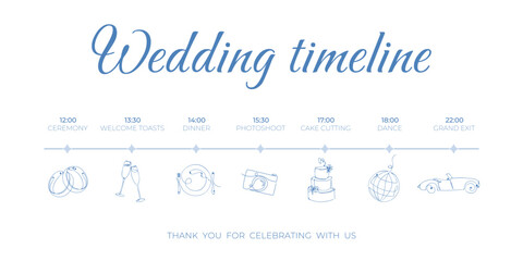 Wedding timeline template with line art icons in blue. Organization and planning of wedding day. Ceremony, cutting cake, dinner, party time, cocktails
