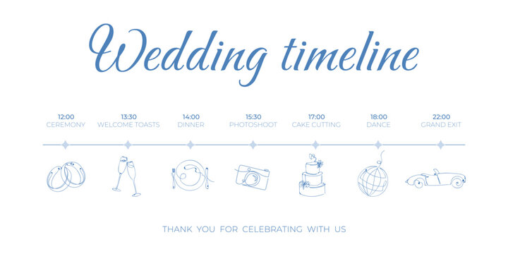 Wedding timeline template with line art icons in blue. Organization and planning of wedding day. Ceremony, cutting cake, dinner, party time, cocktails