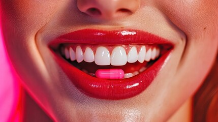 Obraz premium Bright lips and white teeth create a striking contrast with a vibrant pink capsule in a playful display of beauty and wellness