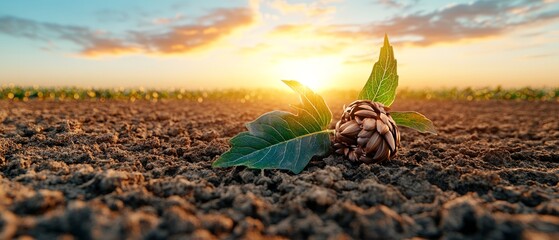 Obraz premium Sunset Agriculture Young Artichoke Plant in Soil