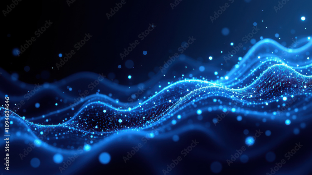 Poster abstract high-tech background with blue wave motion and particles for digital media use.