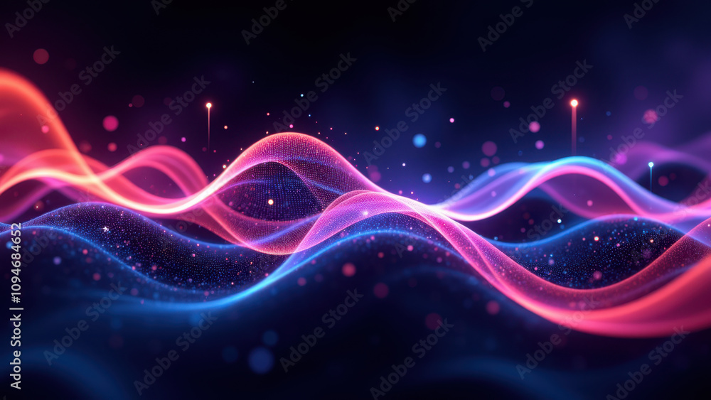 Poster abstract high-tech background with vibrant energy waves and glowing particles.