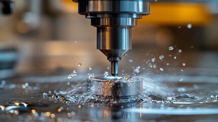 A Drill Bit Piercing Through Metal With Water Spray
