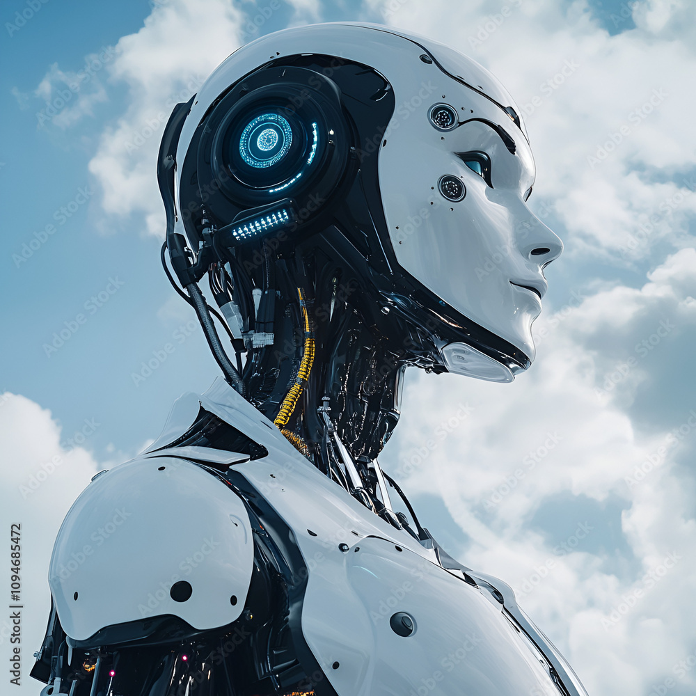 Poster ai robot model showcase futuristic urban setting digital art cybernetic environment profile view hum