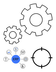 Two interconnected cogs, ERP central node with connected business icons, and a target focus. Ideal for business process optimization, planning, resource management, efficiency, technology, goal