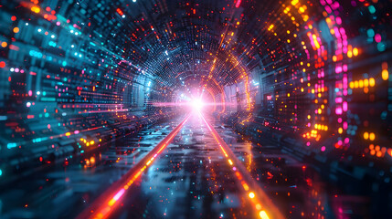 Obraz premium Vibrant 3D Digital Tunnel: Glowing Lines Converge Towards a Bright Light Source, Futuristic Data Streams. Abstract Background