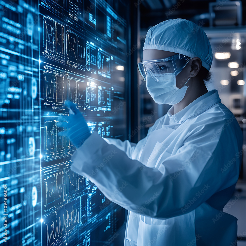 Poster scientific researcher analyzing data in a high-tech laboratory innovation hub digital analysis moder