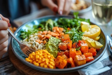 AI-driven vegan diet planning, person using digital meal planning app