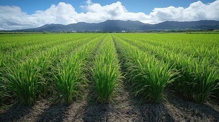 Rice Paddy Field with Mountain View