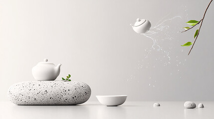 A promotional poster for tea,  on an abstract white stone, and one teapot flying towards it from above. The background is light gray