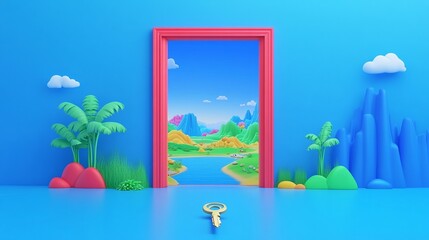 Fototapeta premium Key Unlocking Door to Bright Landscape in 3D Render