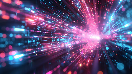 Obraz premium Abstract 3D Digital Data Stream Background: Pink and Blue Light Trails Exploding from a Central Point, Representing High-Speed Data Transfer and Technological Advancement.