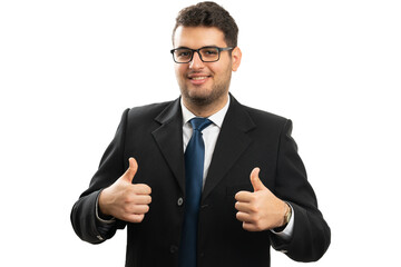 Friendly businessman in formalwear showing double thumbs up gesture
