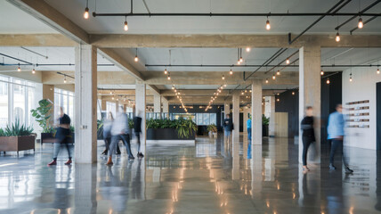 A bustling modern office space with blurred figures walking past, showcasing an open layout and contemporary design elements.