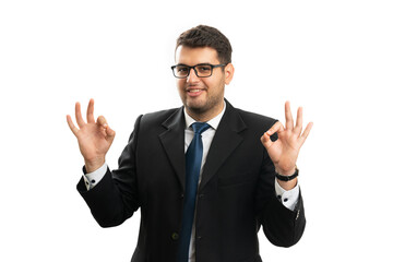 Happy male entrepreneur showing double okay gesture with fingers