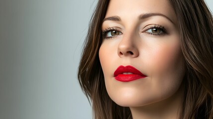 portret, kobieta, profesjonalna fotografia, makijaż artystyczny, aparatem Canon, brązowe proste włosy, realistyczne zdjęcie, fotografia studyjna, bliskie ujęcie, realistyczne detale, wyraz twarzy, pro