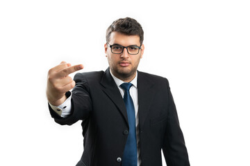 Angry male entrepreneur making  offensive gesture middle finger