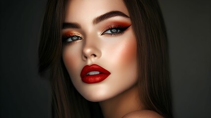 portret, kobieta, profesjonalna fotografia, makijaż artystyczny, aparatem Canon, brązowe proste włosy, realistyczne zdjęcie, fotografia studyjna, bliskie ujęcie, realistyczne detale, wyraz twarzy, pro