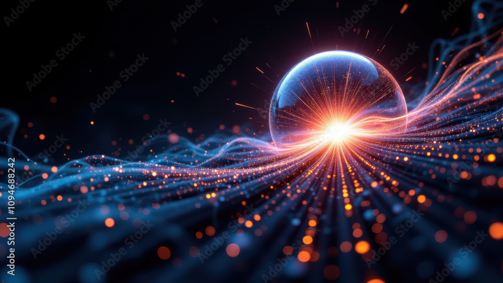 Poster abstract glowing high-tech explosion with colorful particles on a dark background, perfect for scien